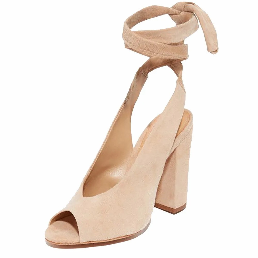 SCHUTZ Nude Suede Peep-Toe Ankle Tie Block Heel